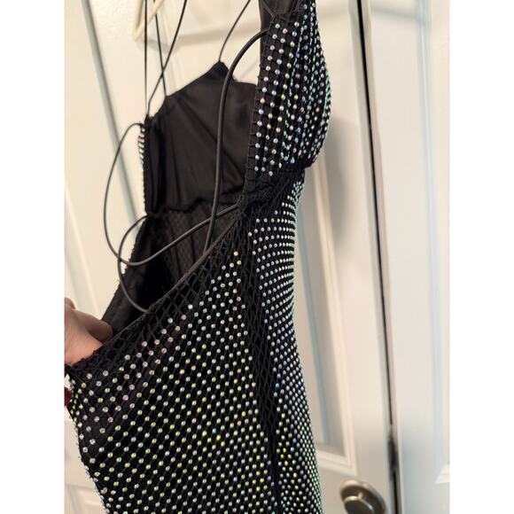 Crystal Doll M Vintage 90's Fishnet RHINESTONE Strappy Gown Bodycon Dress Black - Picture 6 of 10